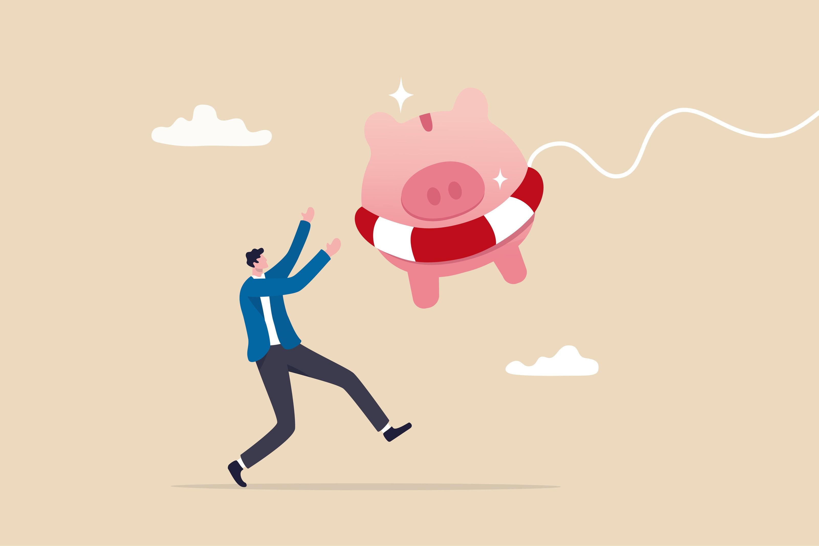 Schaffung eines Notfallfonds, um mit dem Investieren zu beginnen, dargestellt durch ein Bild mit einem Cartoon-Mann, der ein rosa Ballonschwein fängt