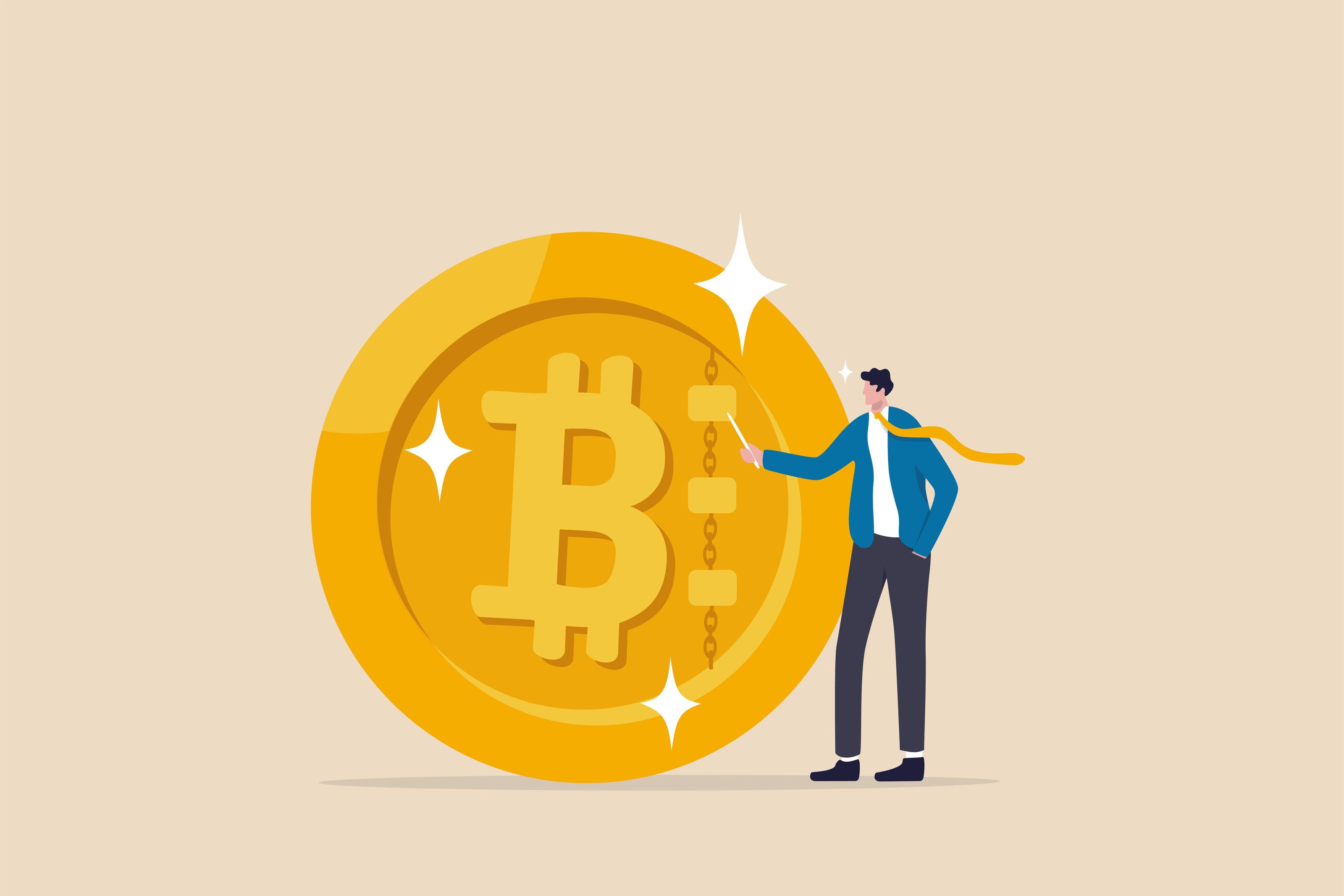 Investitionen in Kryptowährungen, dargestellt durch ein Bild mit einem Cartoon-Mann im Anzug, der neben einer riesigen goldenen Bitcoin-Münze steht
