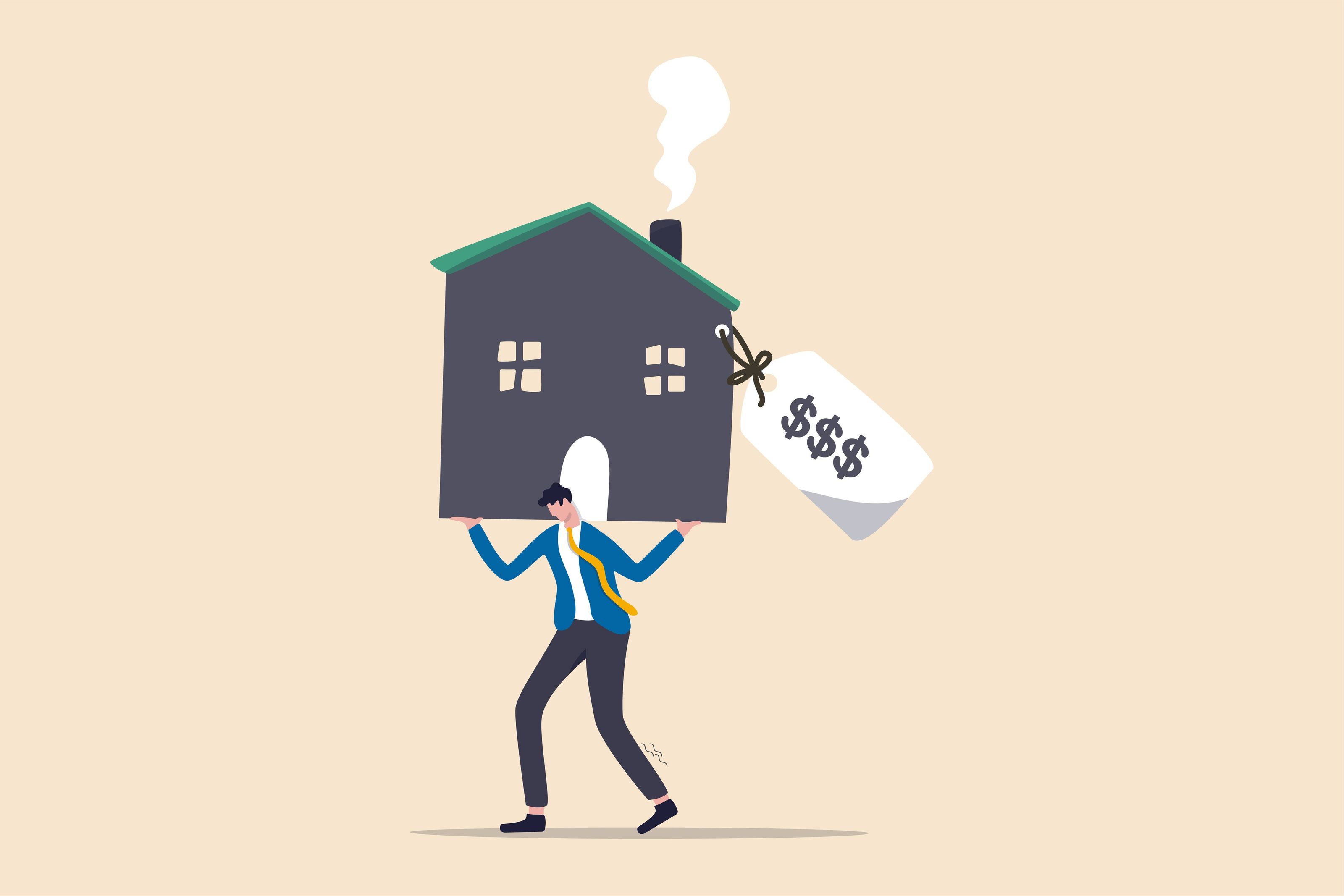 Investitionen in Immobilien, dargestellt durch ein Bild mit einem Cartoon-Mann, der ein Haus mit einem Dollar-Preisschild trägt