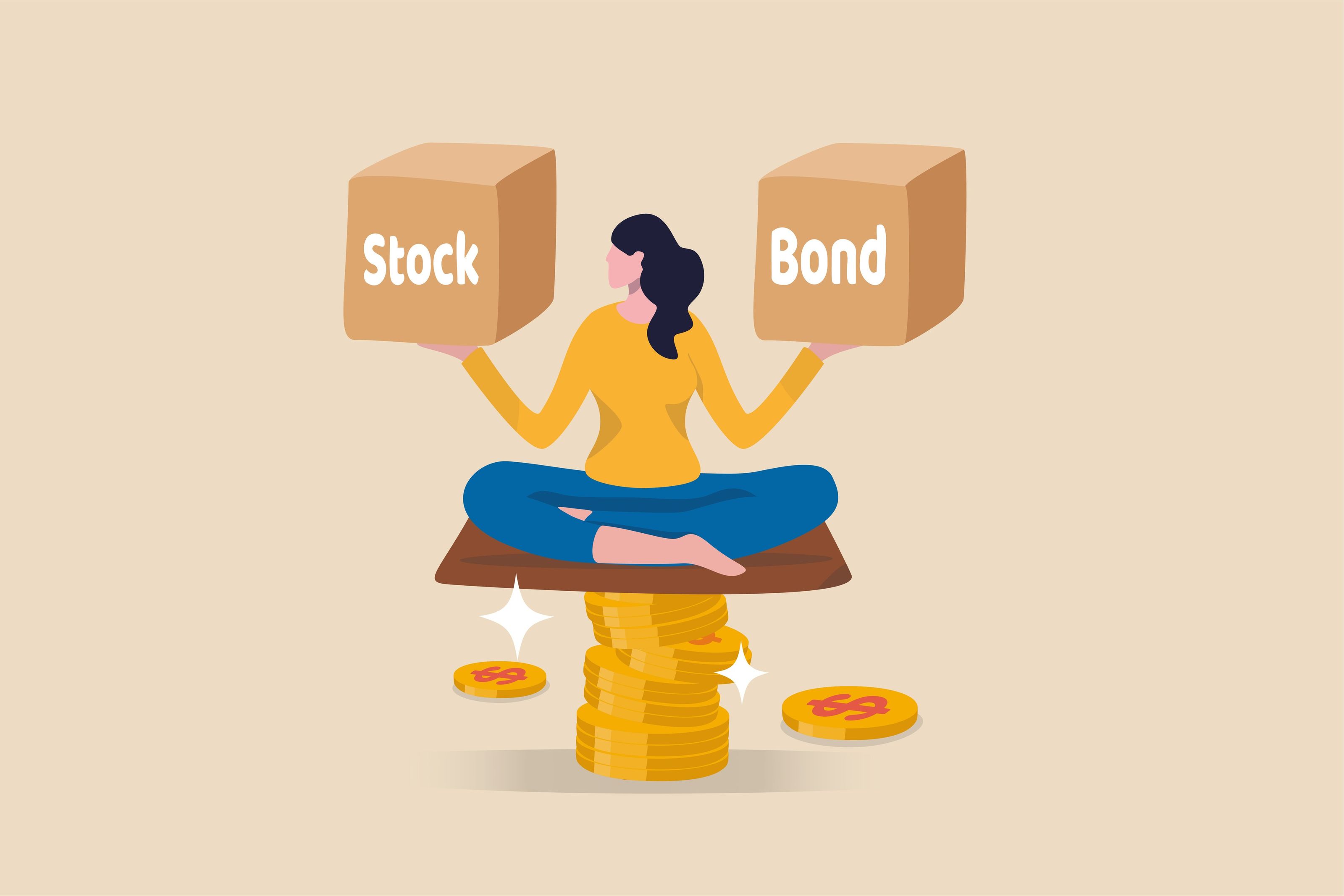 Investitionen in Aktien, dargestellt durch ein Cartoon-Mädchen, das auf einem Stapel Goldmünzen balanciert und Würfel mit den Wörtern „Aktien" und „Anleihen" in der Hand hält