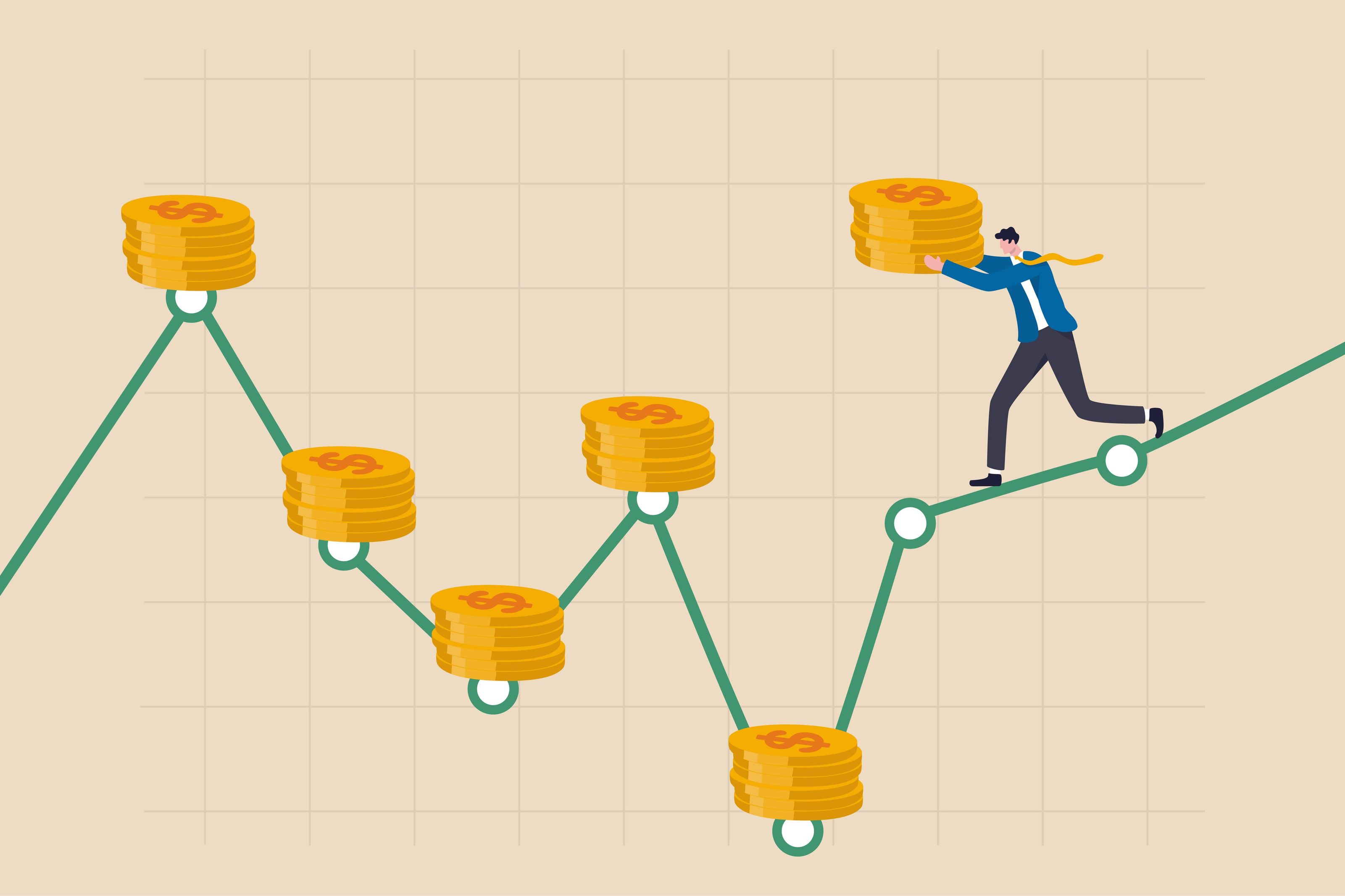 Auswahl einer Anlagestrategie zwischen Dollar-Cost-Averaging und Einmalanlage, dargestellt mit dem Bild eines Cartoon-Mannes, der einen Stapel Goldmünzen trägt und auf einem grünen Diagramm läuft, das die Anlagezeiträume anzeigt